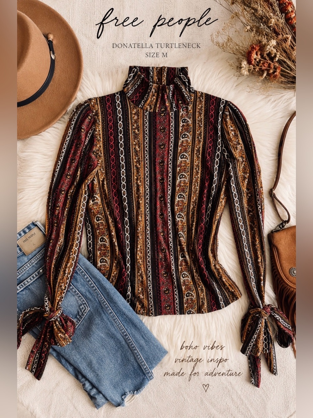 Free People Donatella Turtleneck Top M Paisley Stripe Boho Tie Sleeve Festival